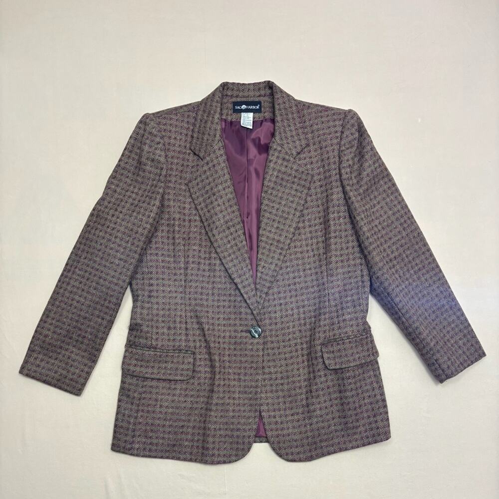 Sag Harbor Vintage Women’s Brown and Maroon Herringbone Checked Blazer Size 14